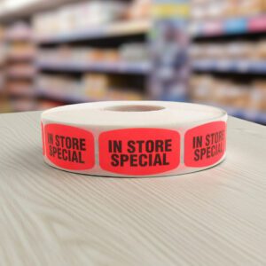 in store special sticker on a red label with black print
