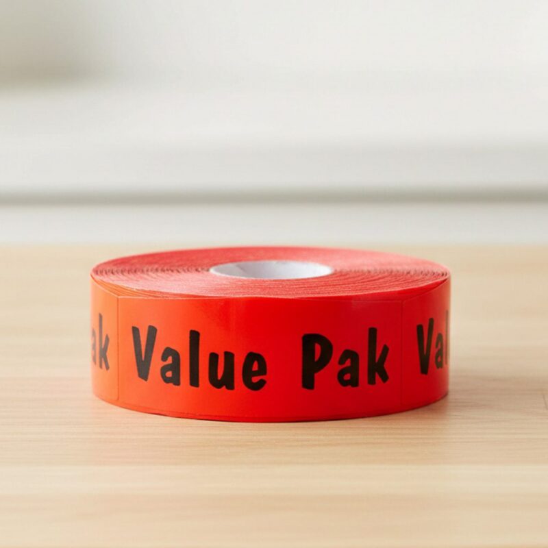 value pak roll of stickers red label with black text