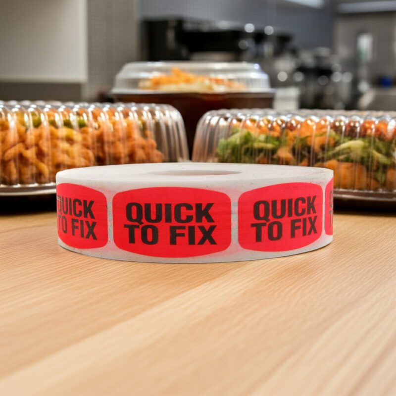 510074-Quick-to-Fix-Label-Stickers quick to fix sticker on a red label with black text