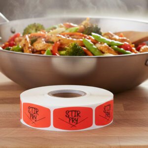 stir fry sticker on a red label with black text