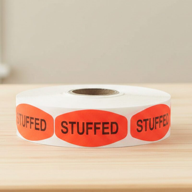 510093-Stuffed-Label-Butcher-Sticker stuffed sticker on a red label with black text
