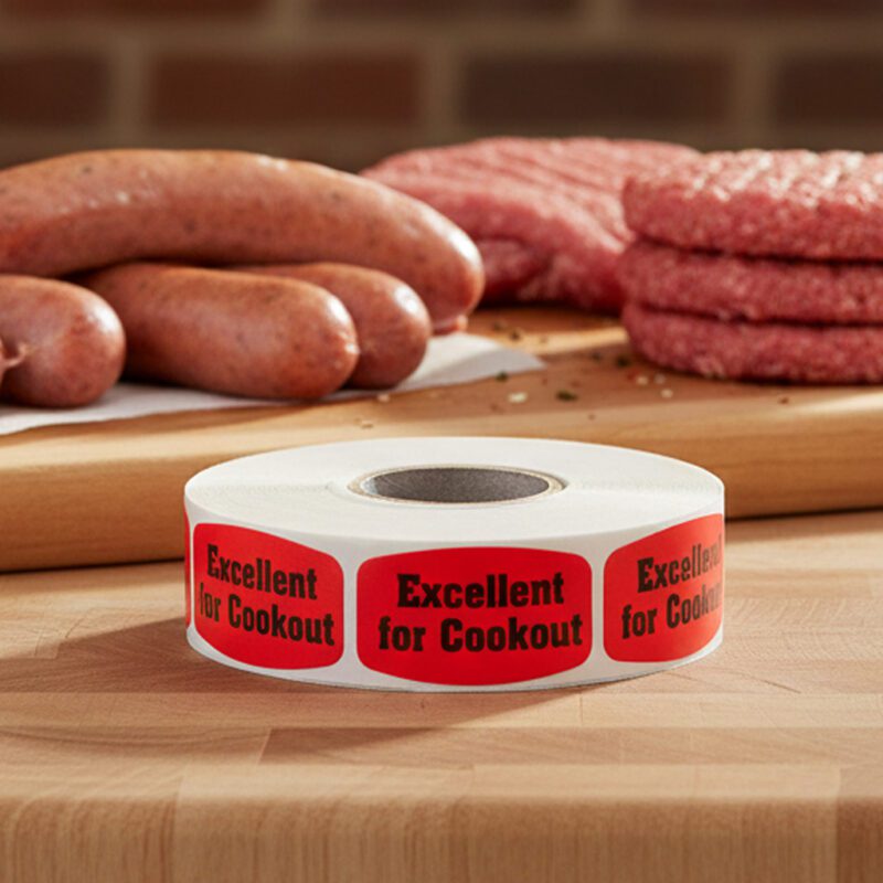 510123-Excellent-for-Cookout-Label excellent for cookout sticker on a red label with black print