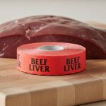 beef liver sticker on a red label with black print