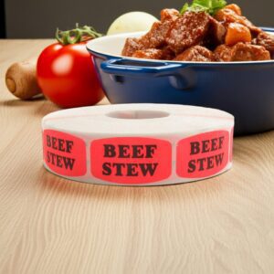 beef stew sticker on a red label with black print