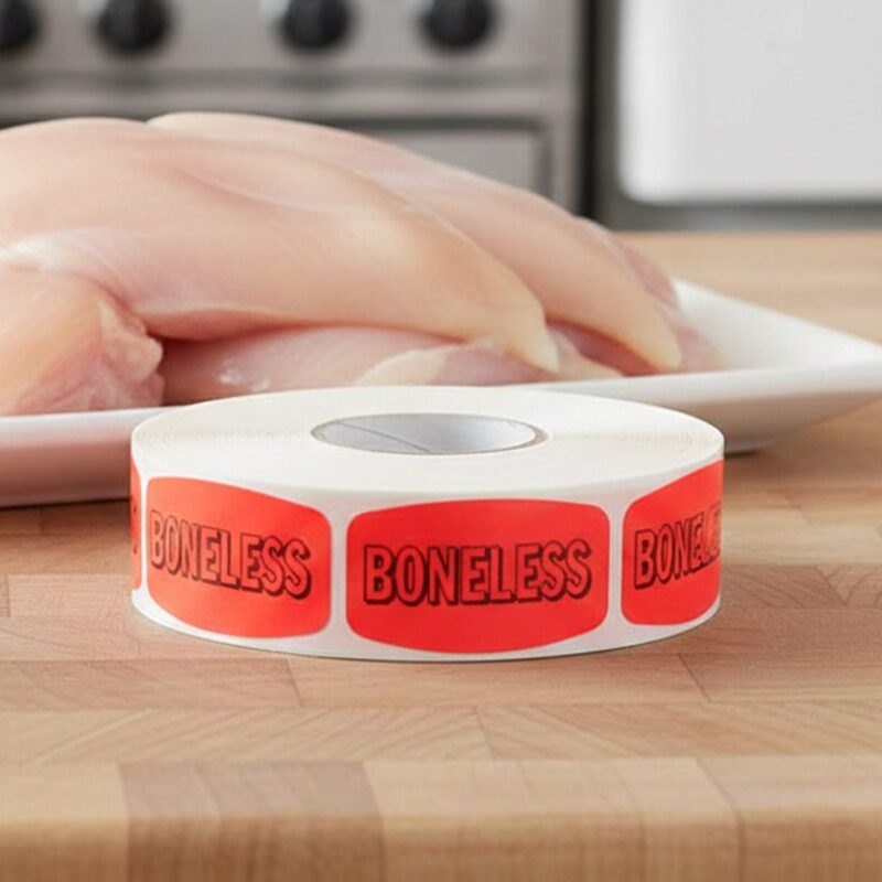 540011-Boneless-Label-Butcher-Sticker boneless sticker on a red label with black print