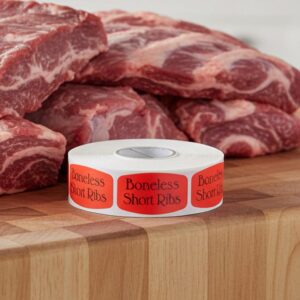 boneless short ribs sticker on a red label with black print