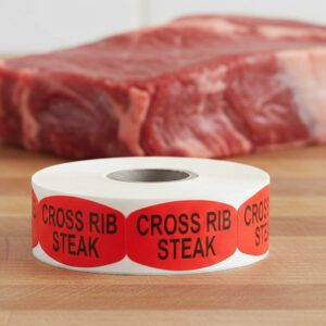 cross rib sticker on a red label with black print