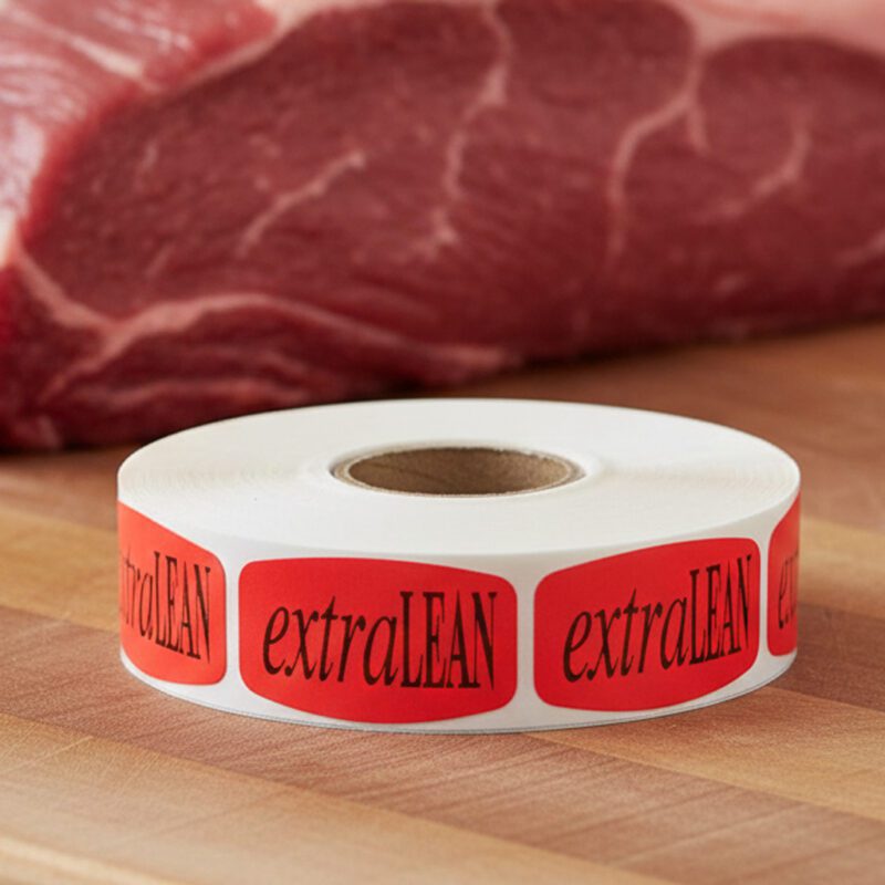 extra lean sticker on a red label with black print
