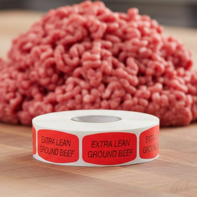extra lean ground beef sticker on a red label with black print