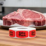 Extra thick sticker on a red label with black print