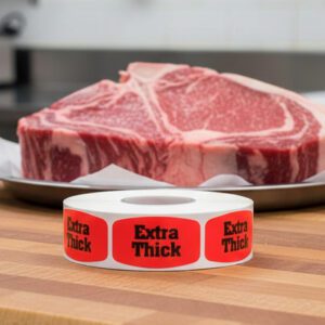 Extra thick sticker on a red label with black print