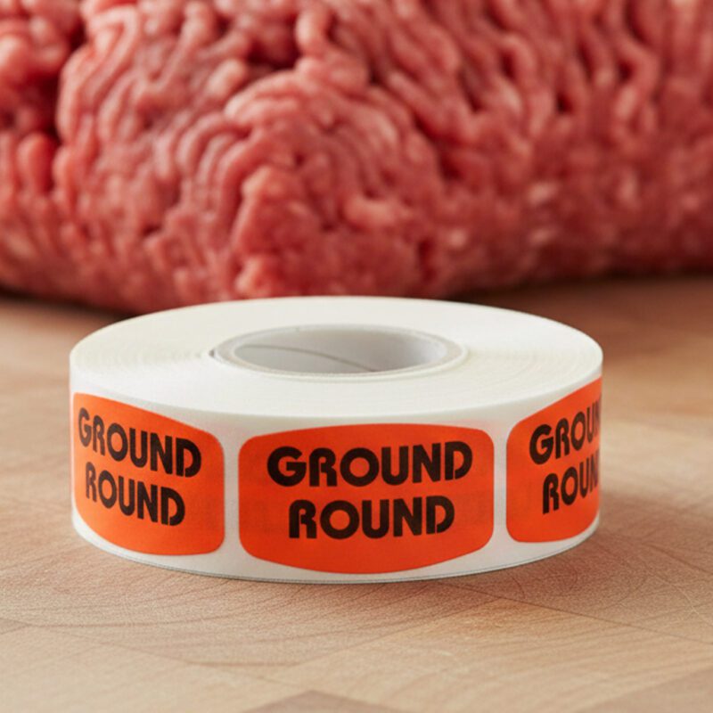 ground round sticker on a red label with black print