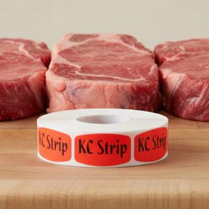 KC strip sticker on a red label with black print