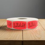 lean sticker on a red label with black print