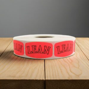 lean sticker on a red label with black print