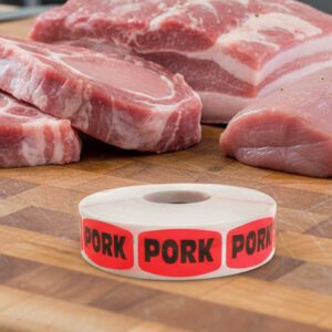 pork sticker on a red label with black text