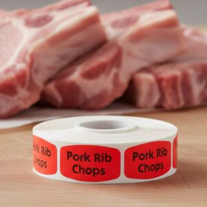 pork rib chops sticker on a red label with black text