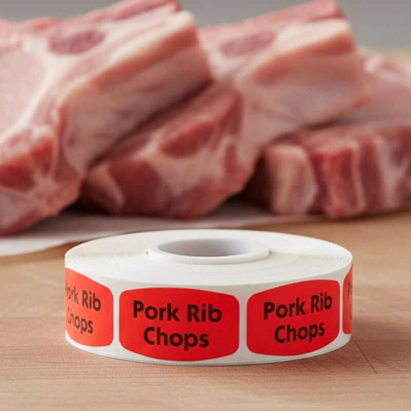 pork rib chops sticker on a red label with black text