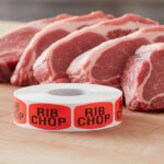 rib chop sticker on a red label with black text