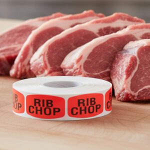 rib chop sticker on a red label with black text