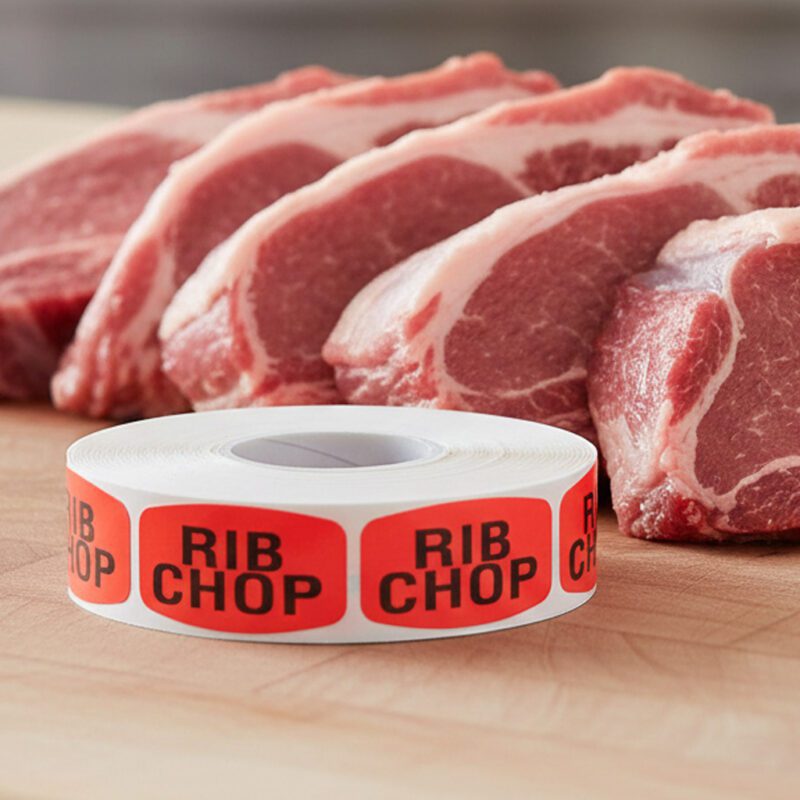 540093-Rib-Chop-Label rib chop sticker on a red label with black text