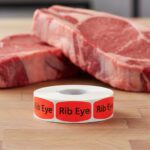 rib eye sticker on a red label with black text