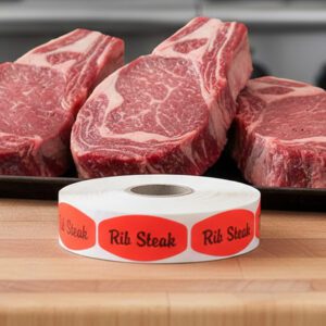 rib steak sticker on a red label with black text