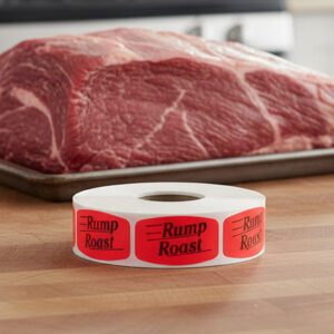 rump roast sticker on a red label with black text