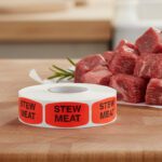 stew meat sticker on a red label with black text