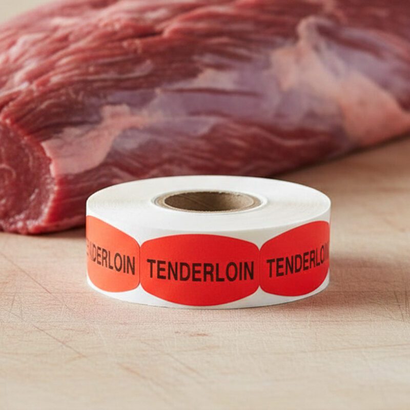 tenderloin sticker on a red label with black text
