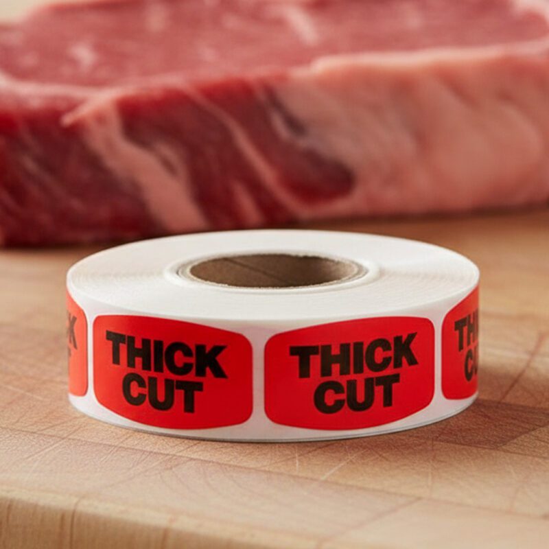 thick cut sticker on a red label with black text