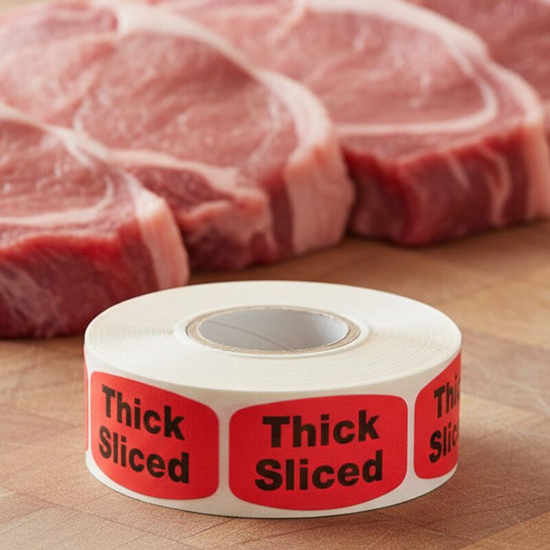 540117-Thick-Sliced-Label-Butcher-Sticker thick sliced sticker on a red label with black text