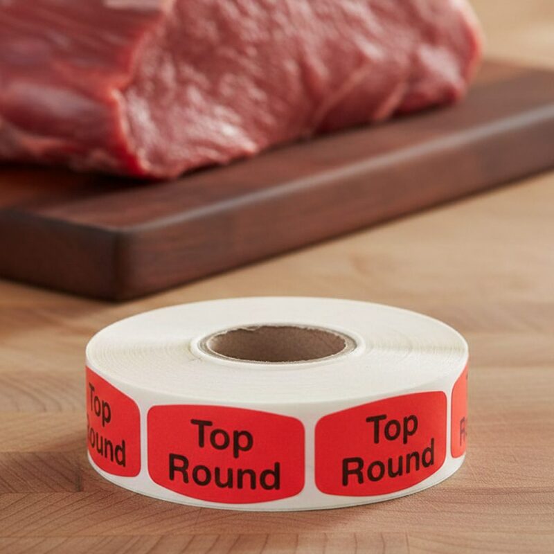 Top Round Butcher sticker red identification label with black print on a roll of stickers