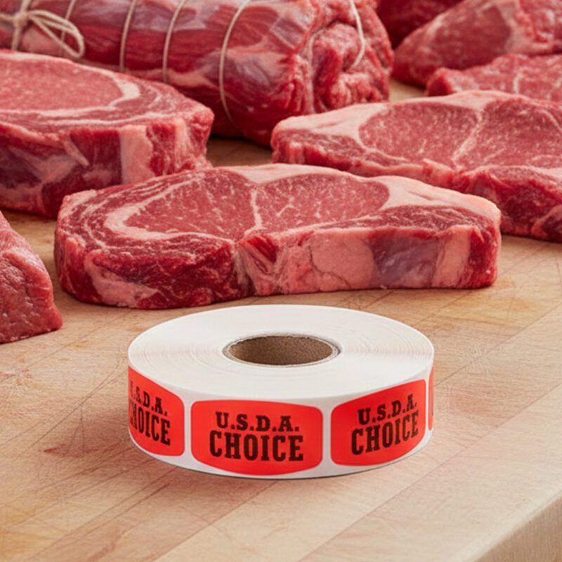 USDA choice sticker on a red label with black text