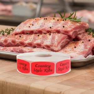 country style ribs sticker on a red label with black print