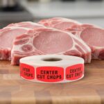 center cut chops sticker on a red label with black print