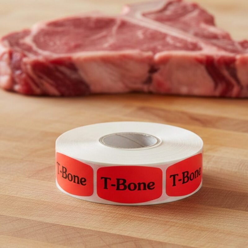 T-Bone Steak Butcher sticker red identification label with black print on a roll of stickers