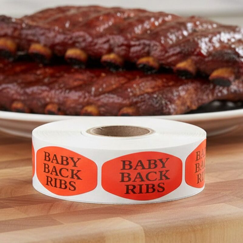 baby back ribs sticker on a red label with black print