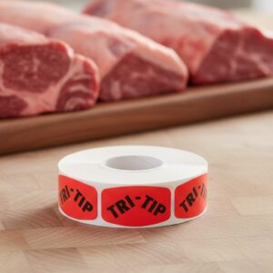 Tri-Tip Butcher sticker red identification label with black print on a roll of stickers