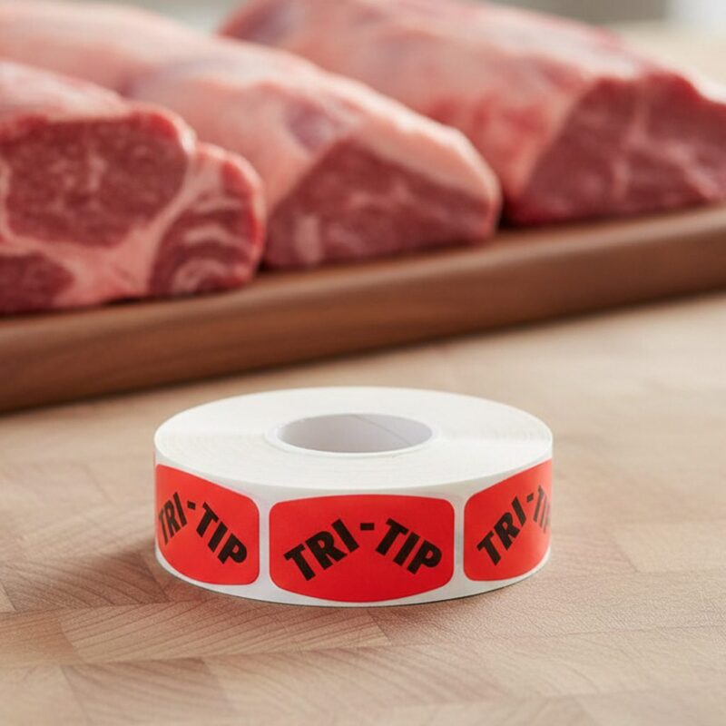 Tri-Tip Butcher sticker red identification label with black print on a roll of stickers