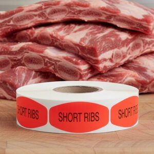 short ribs sticker on a red label with black text