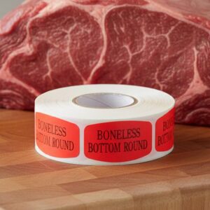 boneless bottom round sticker on a red label with black print