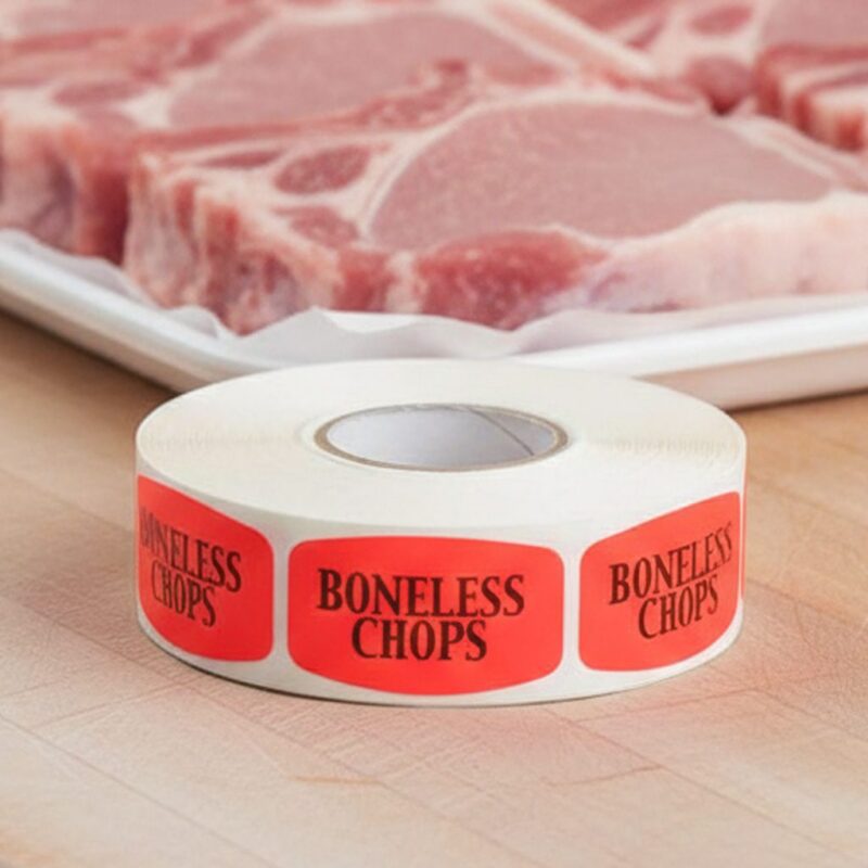 540172-Boneless-Chops-Label-Butcher-Sticker boneless chops sticker on a red label with black print