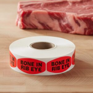 bone in rib eye sticker on a red label with black print