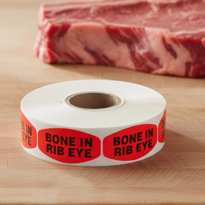 540175-Bone-in-Rib-eye-Label-Butcher-Sticker bone in rib eye sticker on a red label with black print