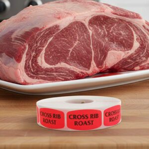 cross rib roast sticker on a red label with black print