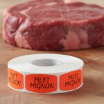 filet mignon sticker on a red label with black print