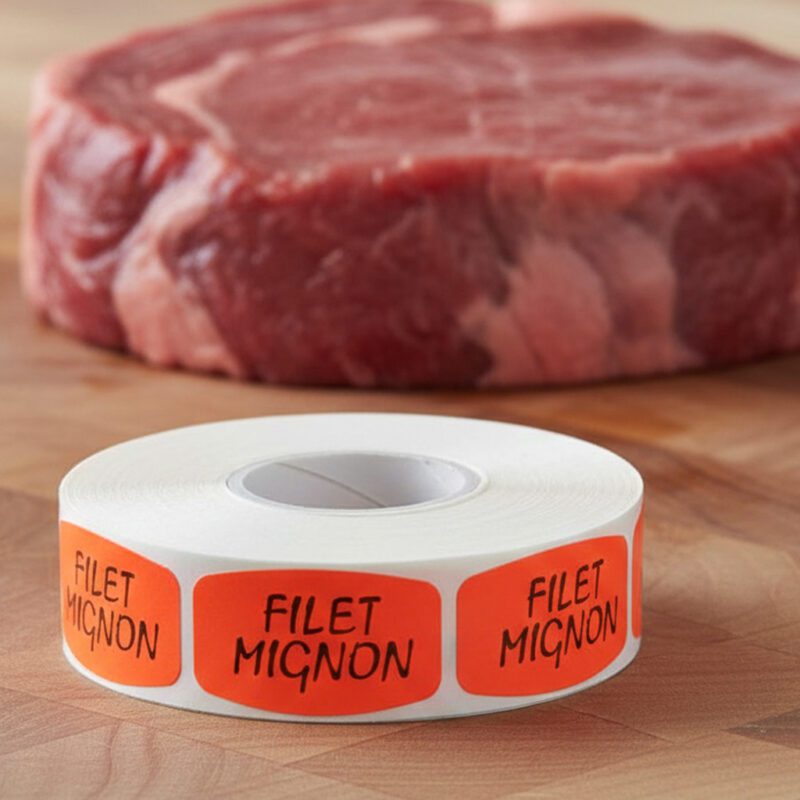 540216-Filet-Mignon-Label filet mignon sticker on a red label with black print