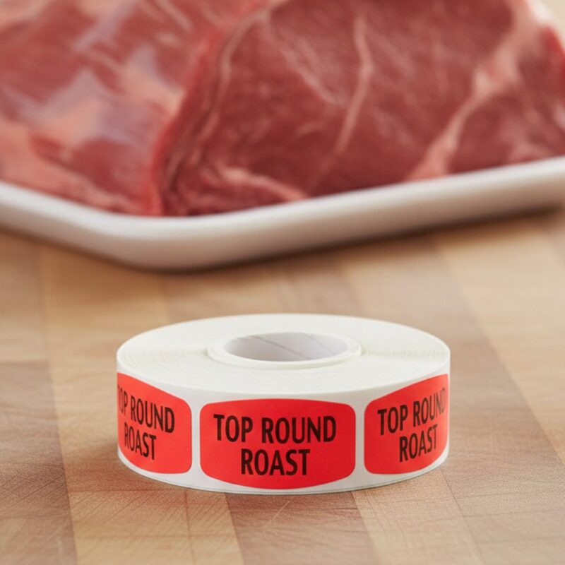 Top Round Roast Butcher sticker red identification label with black print on a roll of stickers