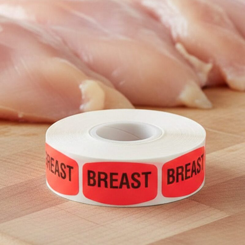 550007-Breast-Label-Butcher-Sticker breast sticker on a red label with black print